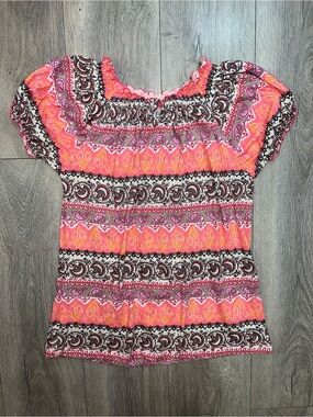 Boho Paisley Top Multicolor Short Sleeve Peasant Faded Glory Size Small T-Shirt